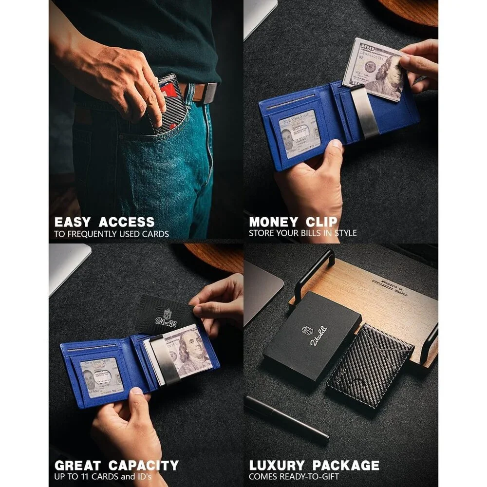 Men - with Money Clip Slim Leather Slots Credit Card Holder RFID